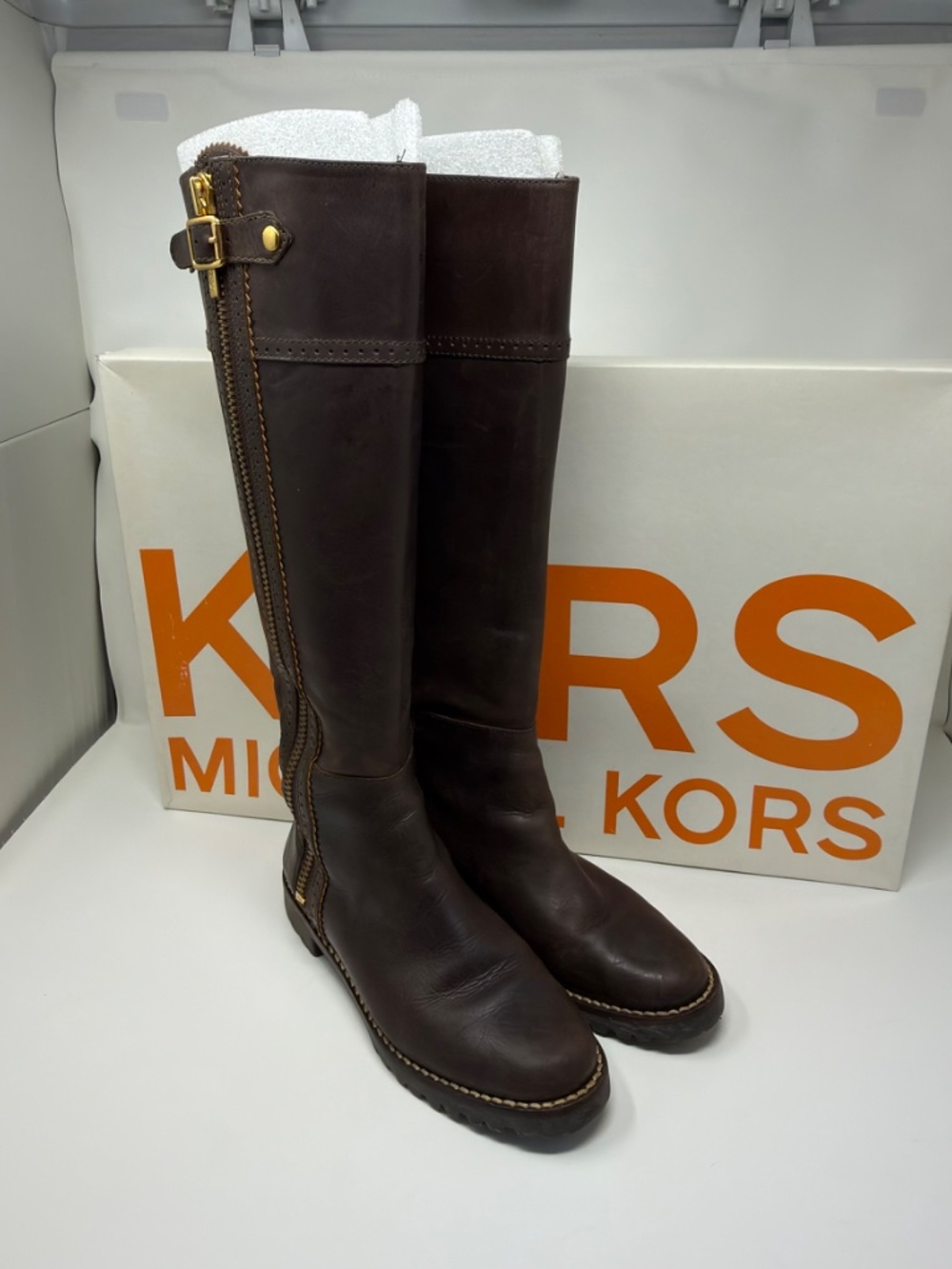 Tall leather riding boot with lug sole deep brown Michael Kors size 7.5